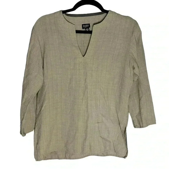 Eileen Fisher Tan Linen Blend Long Sleeve Button Up Blouse Womens Lagenlook PS - Picture 1 of 6